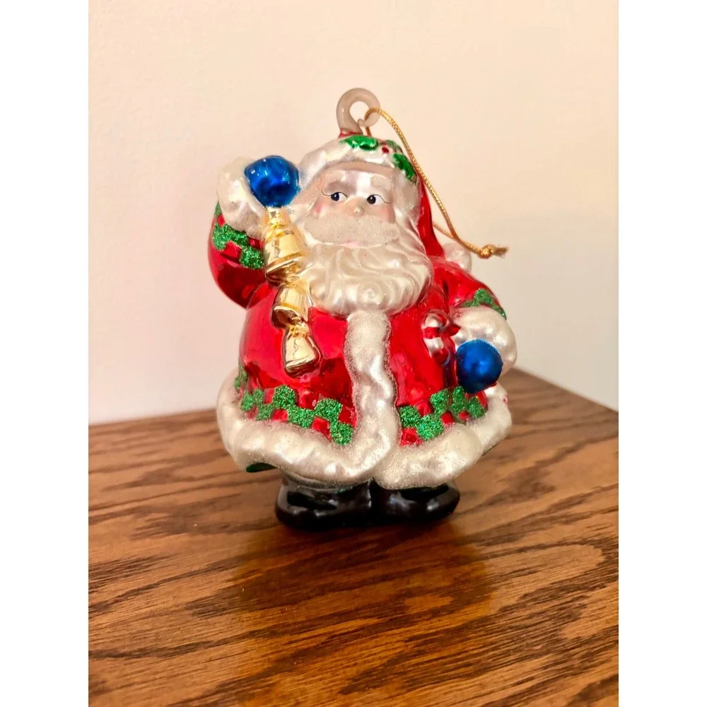 Vintage Blown Glass Santa Claus Christmas Ornament Red Green Glitter 4 Inch